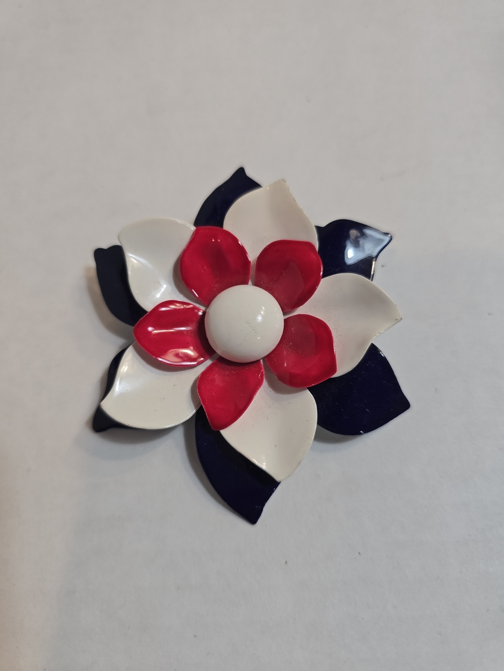 Source Unknown Red White and Navy Flower Brooch